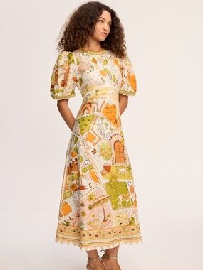 Alemais Bazaar 100% Linen Short Sleeve Midi Print Dress Size US 6